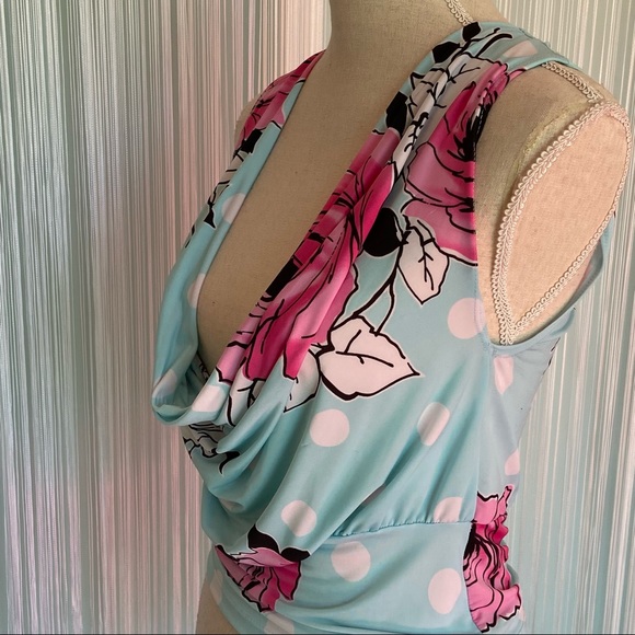 Floral Dotted Print Slinky Cowl Neck Sleeveless Top - Picture 6 of 14